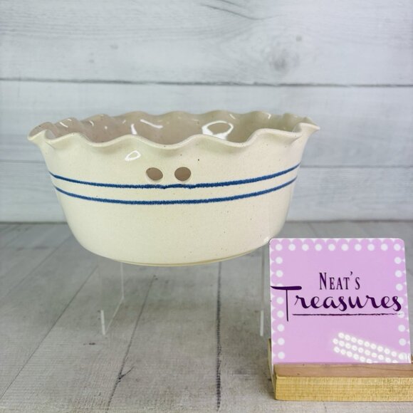 Clay Pen Pottery Beige Blue Pen Stripe Hand Crafted Creamic Bread Warming Bowl - Picture 1 of 15